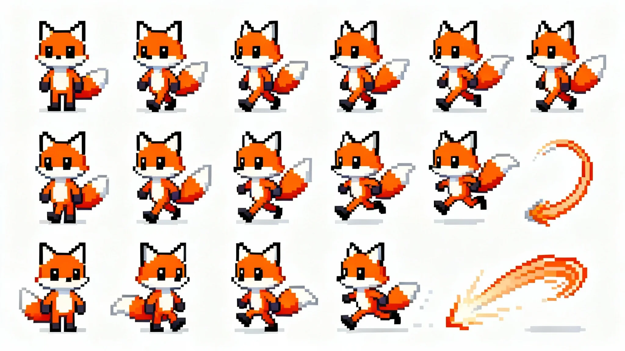 A 16-bit pixel art sprite sheet of a cartoon fox character, showing animation frames for walking, running, and jumping, on a clean white background.