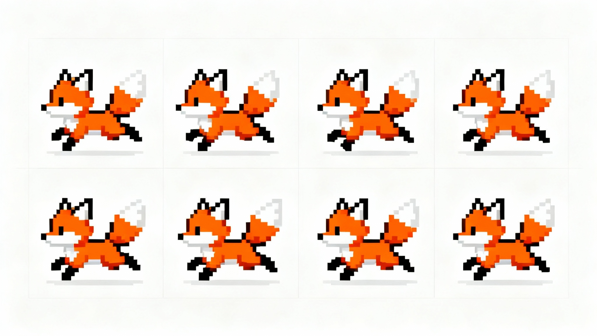 A 16-bit pixel art sprite sheet showing 8 frames of a running fox animation, presented as a mockup on a clean white background.