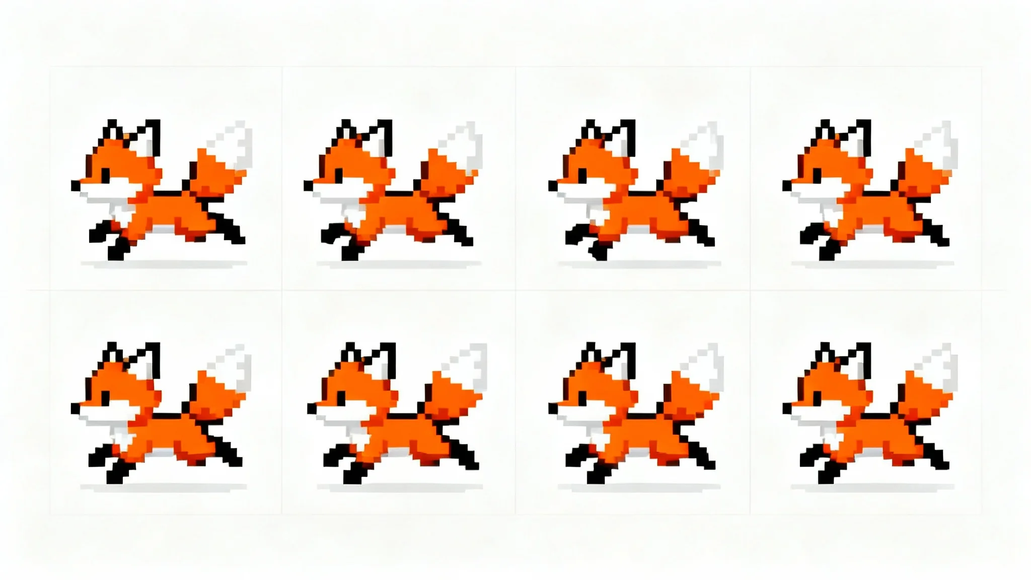 A 16-bit pixel art sprite sheet showing 8 frames of a running fox animation, presented as a mockup on a clean white background.