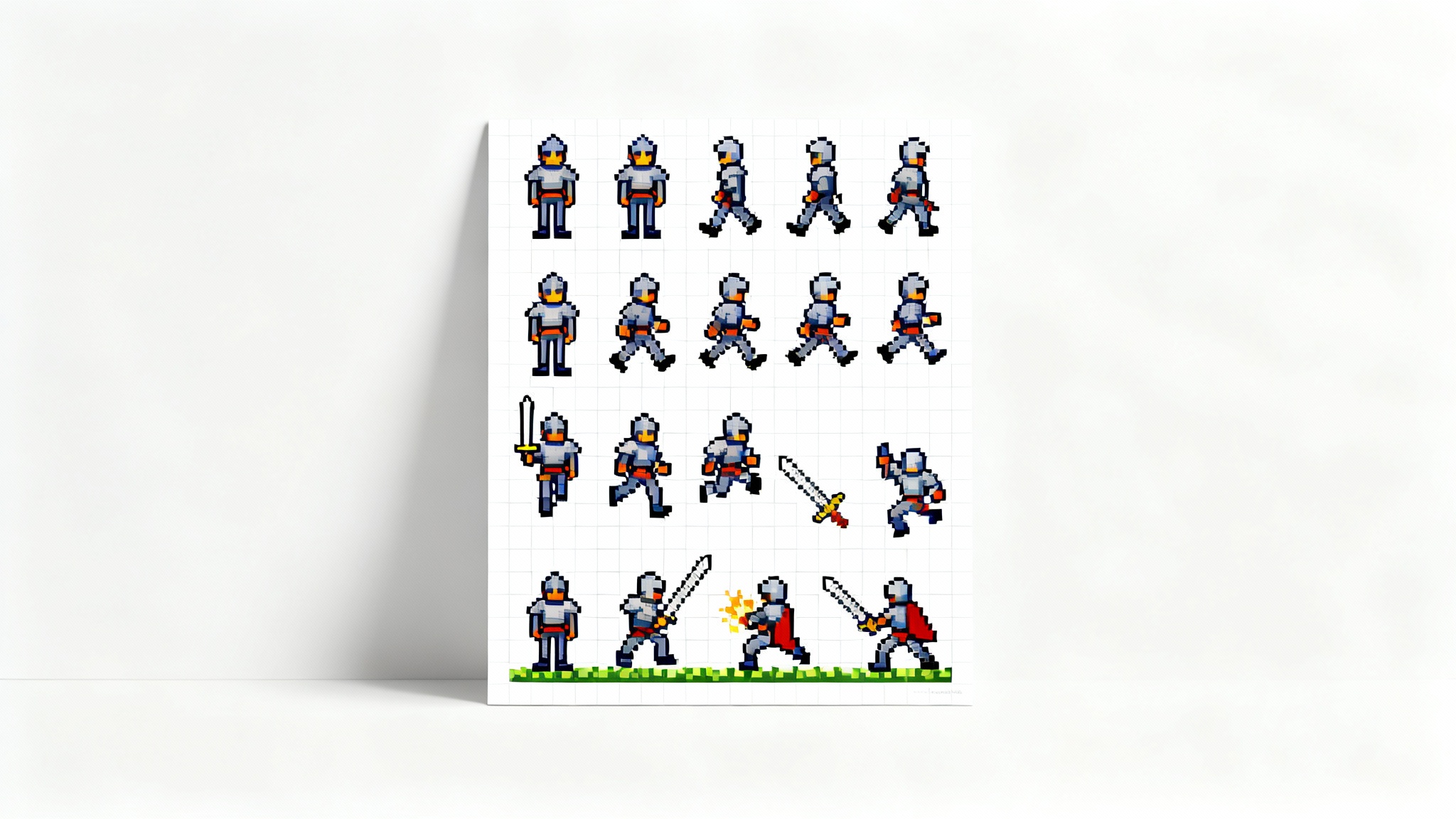 A pixel art sprite sheet showing multiple animation frames for a small knight character, including walking, jumping, and attacking, presented against a clean white background.