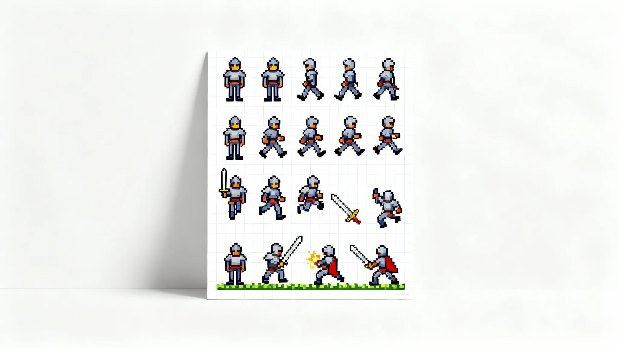 A pixel art sprite sheet showing multiple animation frames for a small knight character, including walking, jumping, and attacking, presented against a clean white background.