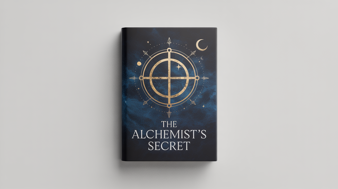 A professionally designed book cover for 'The Alchemist's Secret', featuring a central, gold-foil alchemical symbol on a dark, textured background, representing a finished design product.