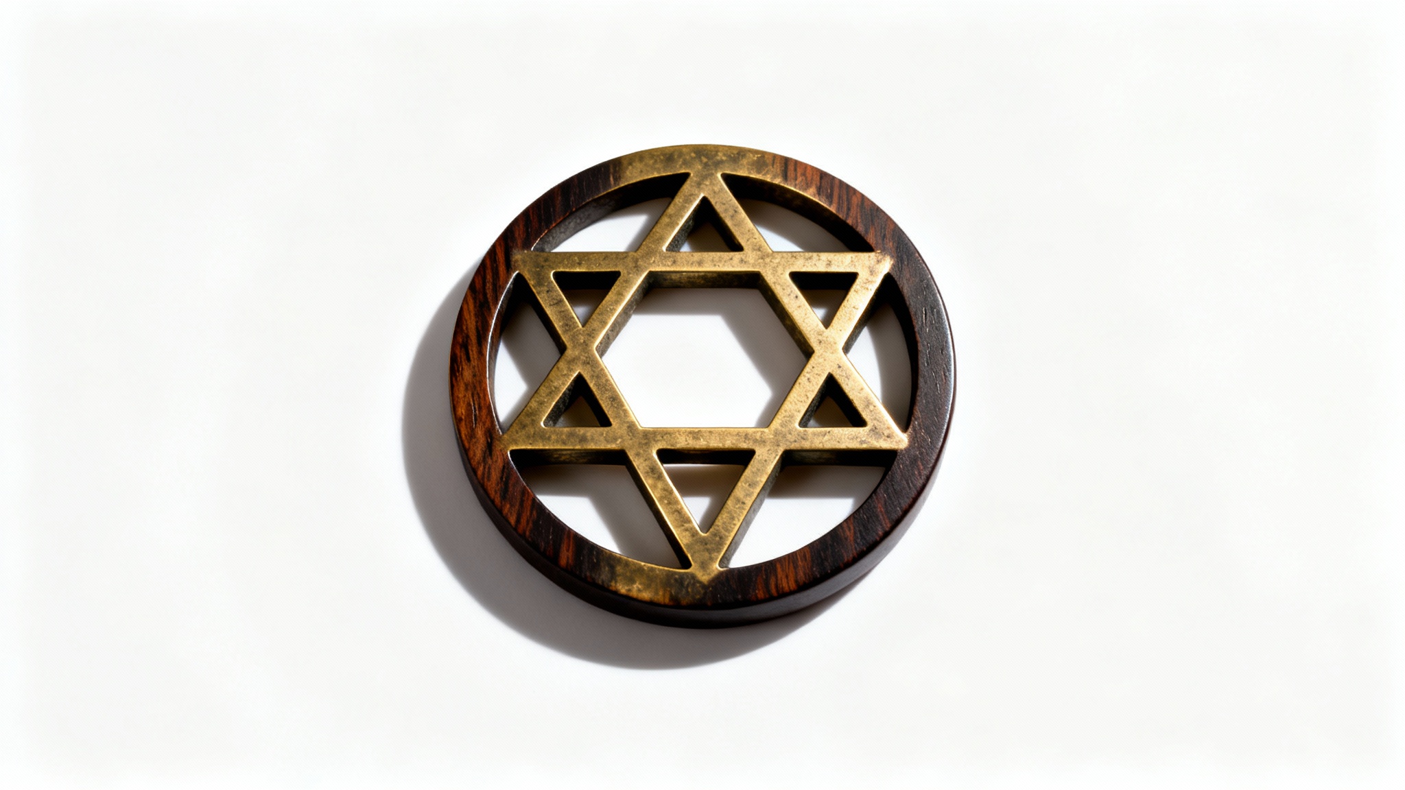 A hyper-realistic, top-down image of an intricate alchemical symbol made of aged brass and dark wood, set against a plain white background.