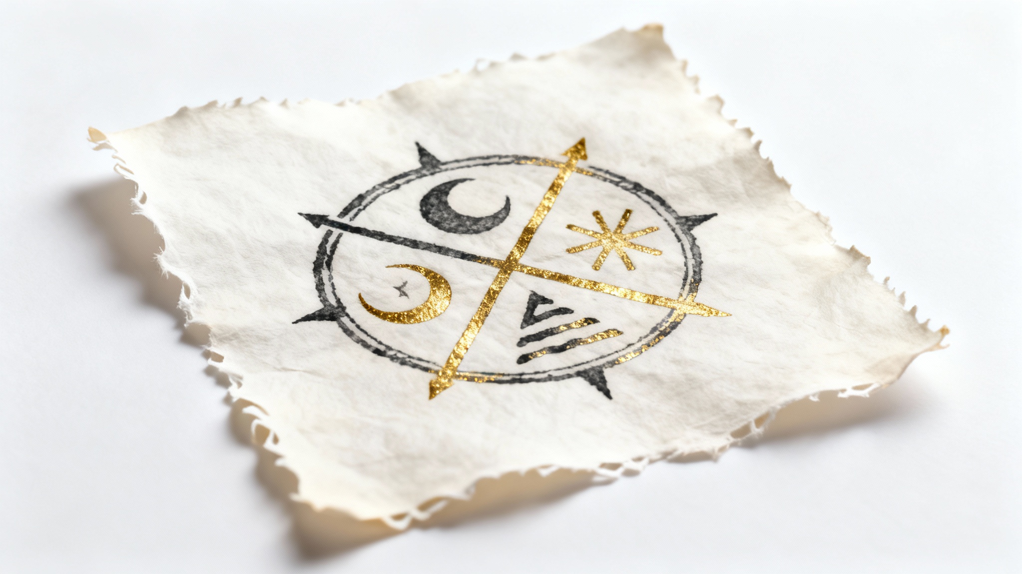 A detailed illustration of a complex alchemical symbol in black and gold ink, drawn on a piece of textured parchment against a clean white background.