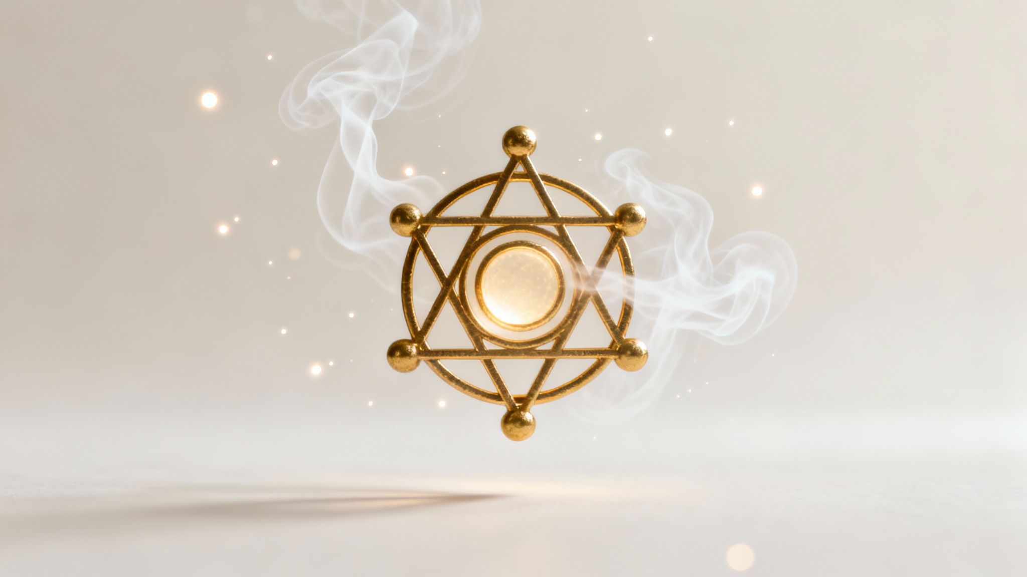 A glowing, golden alchemical symbol rendered in 3D, floating against a minimalist off-white background, with faint wisps of smoke.
