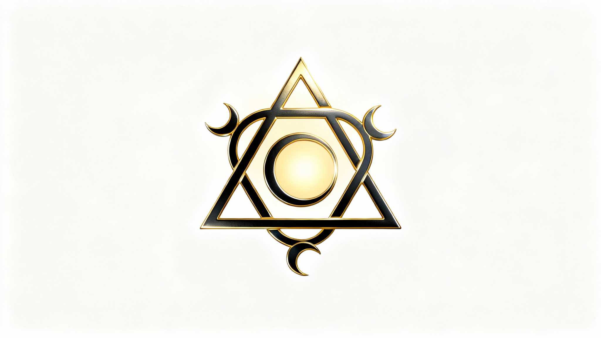 A complex and intricate alchemical symbol rendered in metallic gold and black, glowing softly from its center against a clean white background.
