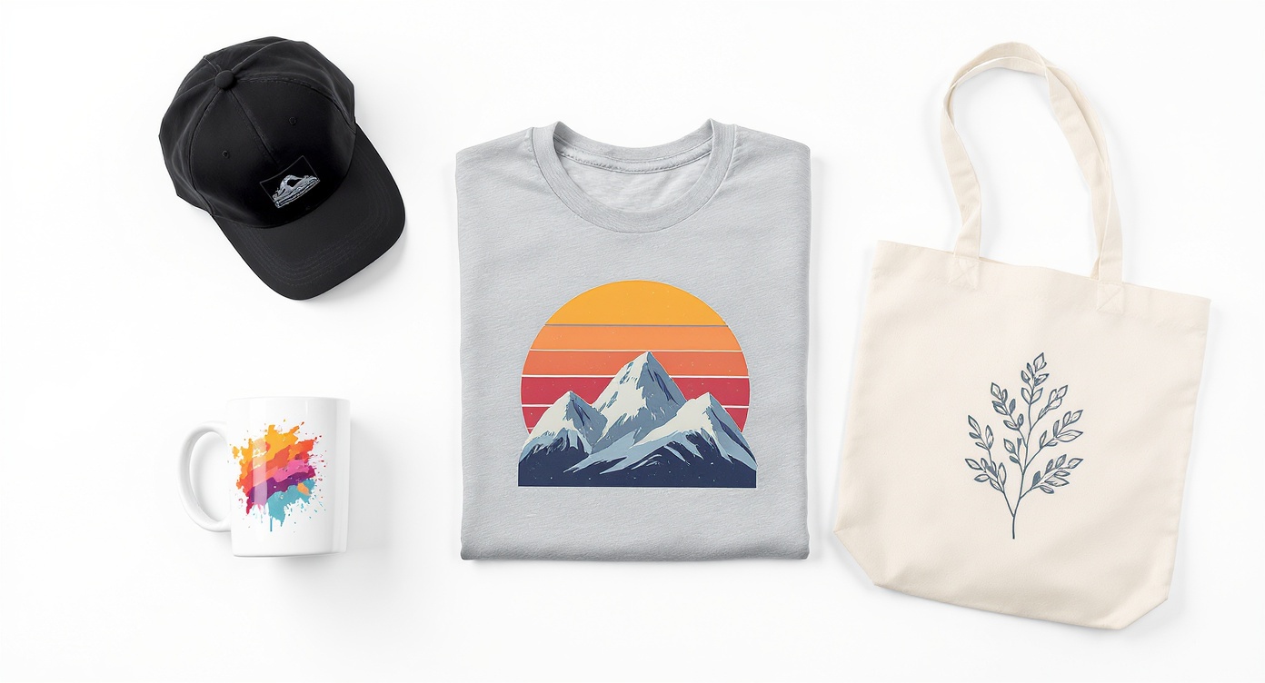 A collection of custom-designed print-on-demand products, including a t-shirt with a mountain graphic, a tote bag with a botanical drawing, and a coffee mug with a paint splash pattern, arranged on a white background.