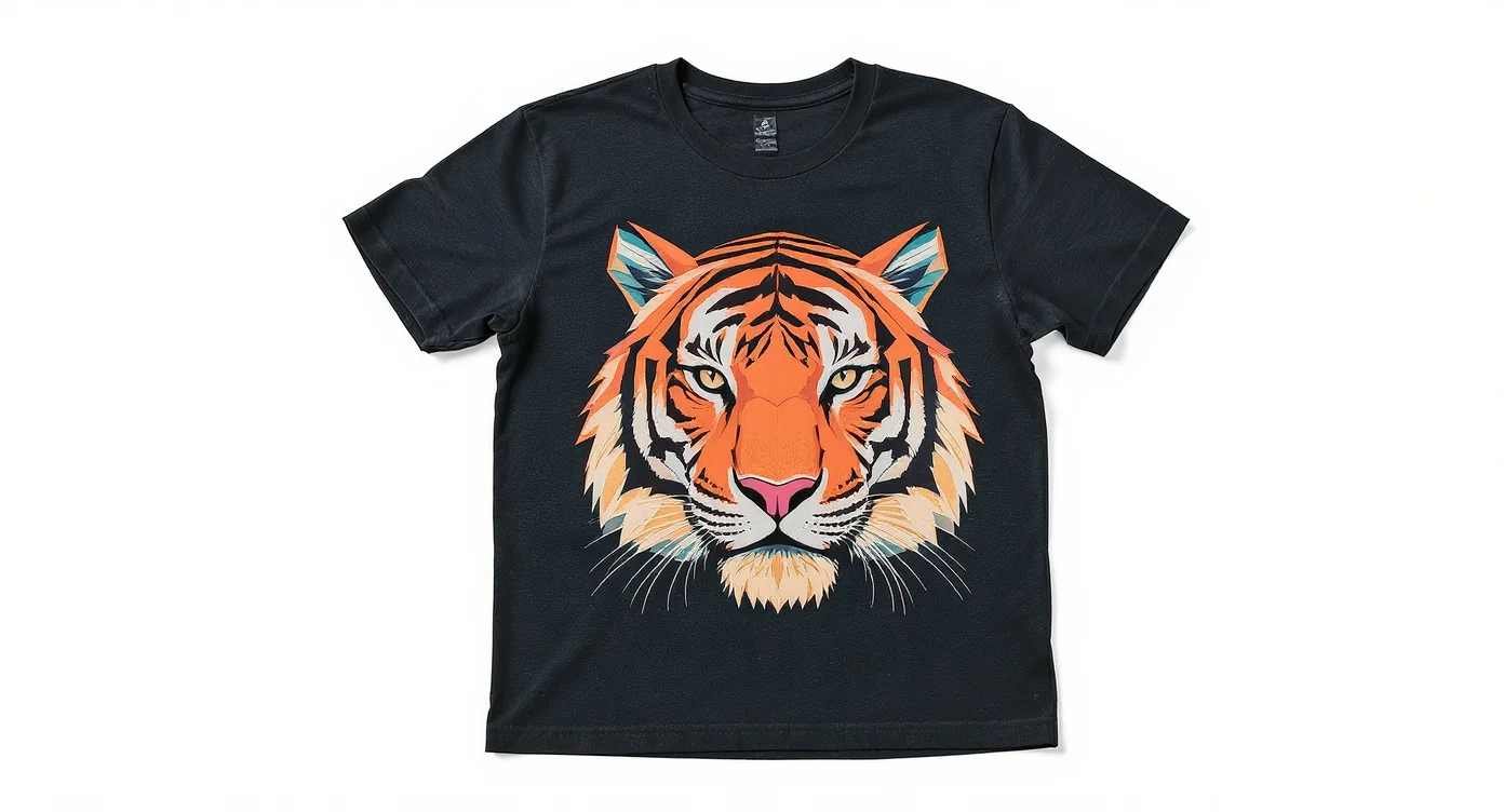 A flat lay product shot of a t-shirt on a white background, featuring a bold, original graphic of a geometric tiger head in orange and teal.