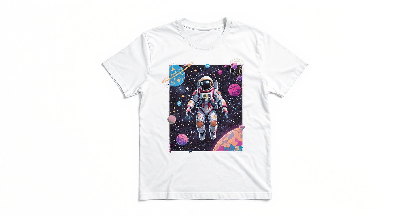 A professional mockup of a white t-shirt featuring a colorful custom graphic of an astronaut in space, presented on a clean white background.