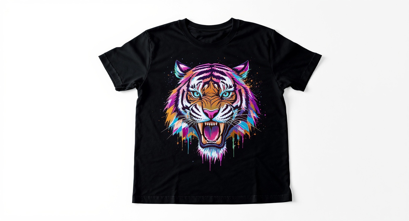 A flat-lay product mockup of a black t-shirt on a white background, featuring a vibrant and modern graphic of a roaring tiger in neon colors.