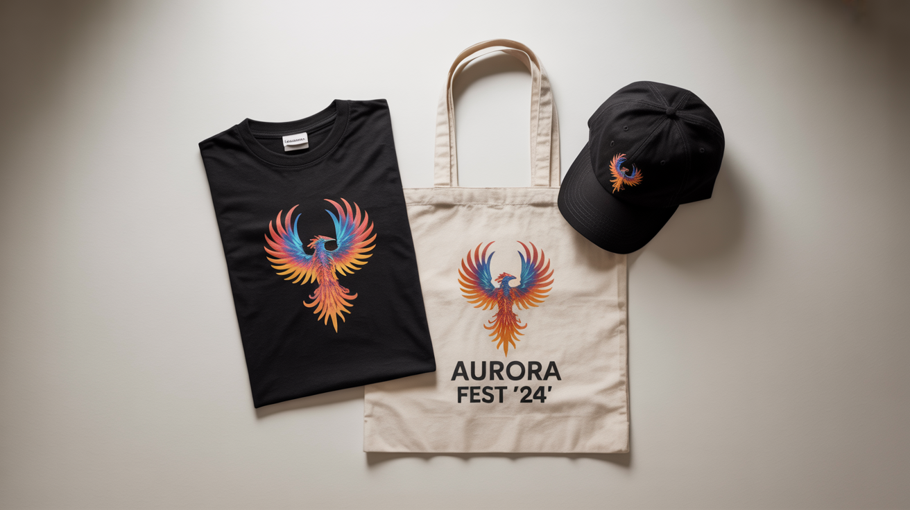 A flat lay mockup of custom merchandise on a white background, including a black t-shirt, a white tote bag, and a black cap, all featuring a matching geometric phoenix graphic. The tote bag says 'AURORA FEST '24'.