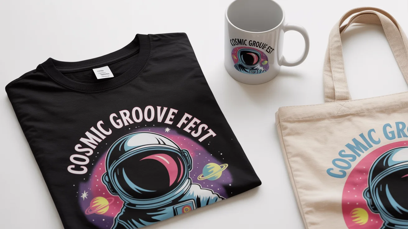 A collection of print-on-demand merchandise, including a t-shirt, tote bag, and mug, all featuring a matching 'Cosmic Groove Fest' graphic, arranged on a white background.