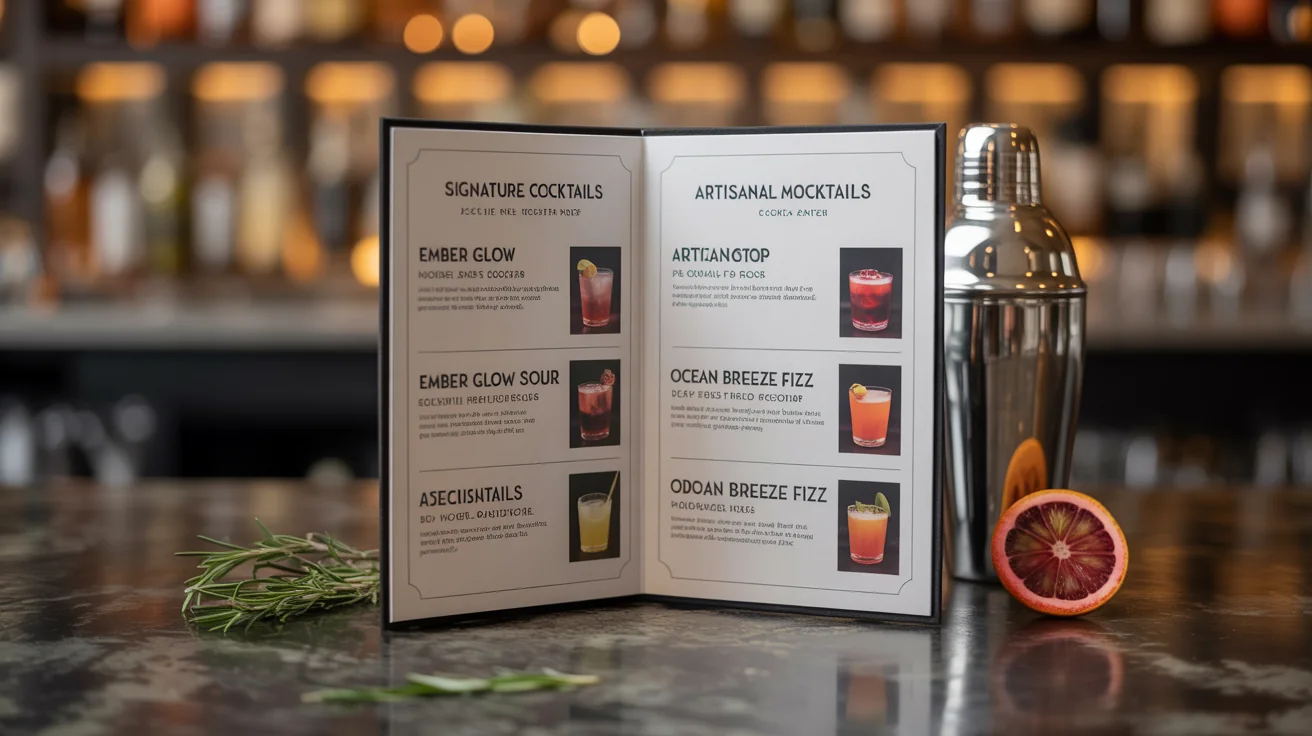 A close-up of a professionally designed drink menu resting on a rustic wooden table in a dimly lit, upscale bar setting. The menu is open, showing stylish typography and listings for cocktails with small accompanying photos. Fresh mint and a lime wedge are placed near the menu.