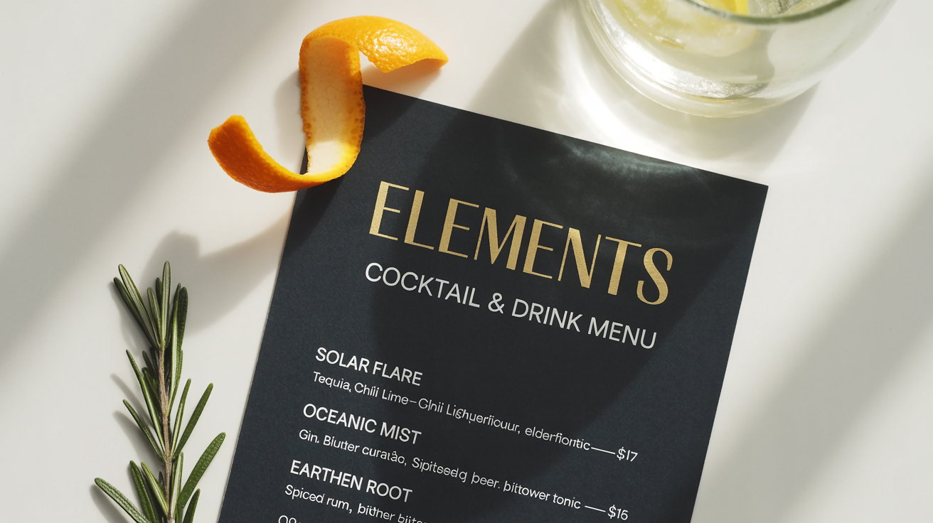 A modern, black drink menu with gold and white text titled 'ELEMENTS' lies on a white background, garnished with a fresh orange peel and a sprig of rosemary.