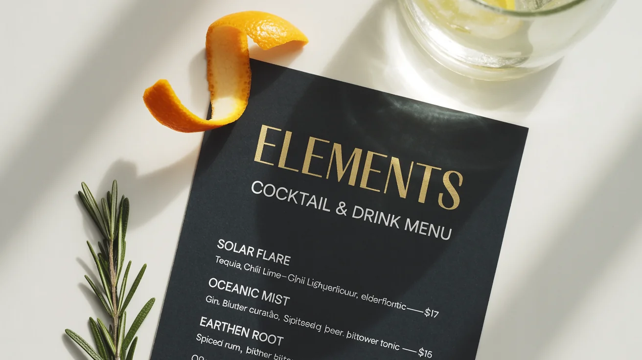 A modern, black drink menu with gold and white text titled 'ELEMENTS' lies on a white background, garnished with a fresh orange peel and a sprig of rosemary.