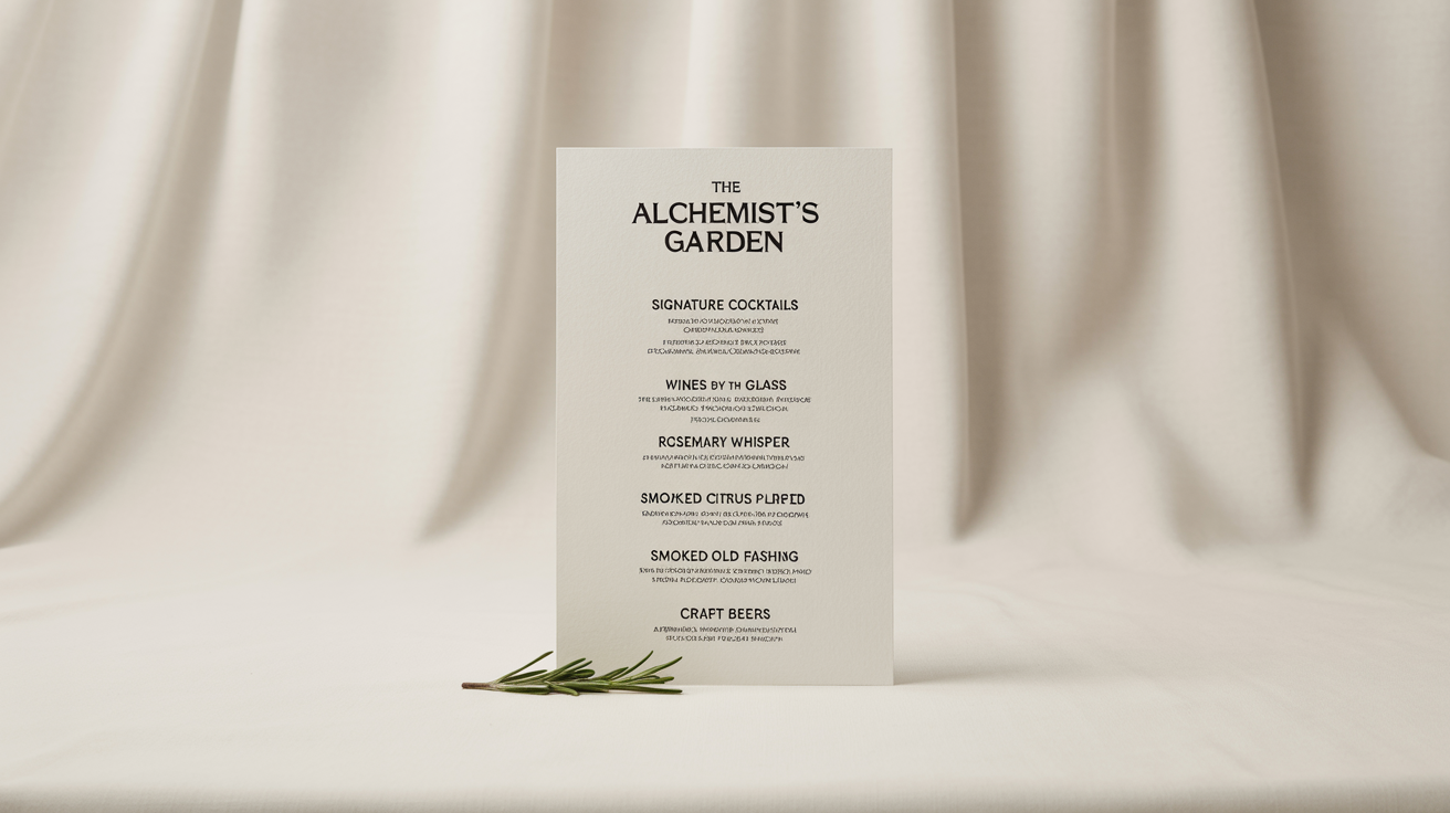 A mockup of a modern and elegant drink menu titled 'The Alchemist's Garden', featuring a clean design on textured paper against a stark white background.