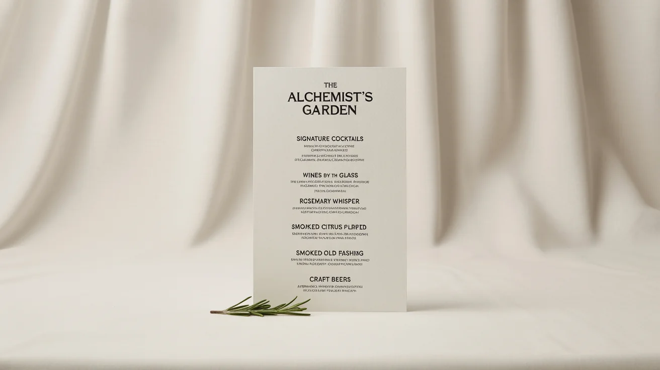 A mockup of a modern and elegant drink menu titled 'The Alchemist's Garden', featuring a clean design on textured paper against a stark white background.