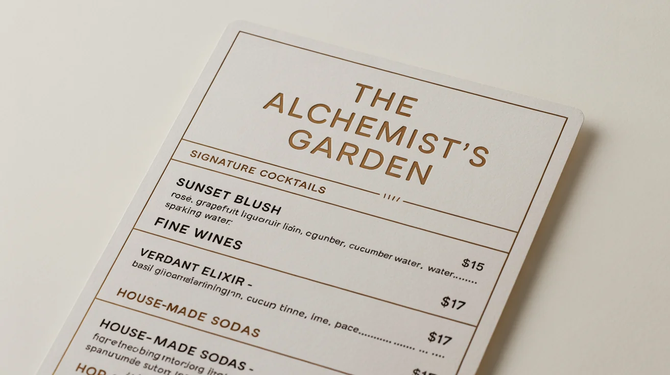 A top-down view of a stylish and modern drink menu for 'The Alchemist's Garden' resting on a white surface, featuring gold foil text and a clean, minimalist design.