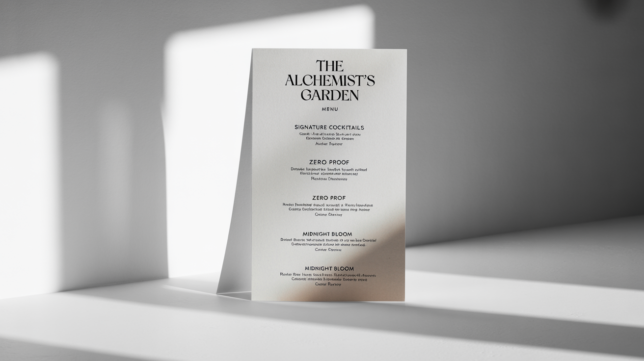A mockup of a modern and elegant drink menu titled 'The Alchemist's Garden', featuring a clean layout with sections for cocktails and spirits, set against a plain white background.