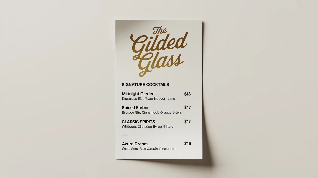 A mockup of a sophisticated and modern drink menu for 'The Gilded Glass', featuring a list of signature cocktails with prices, elegantly designed with gold foil lettering on a clean white background.