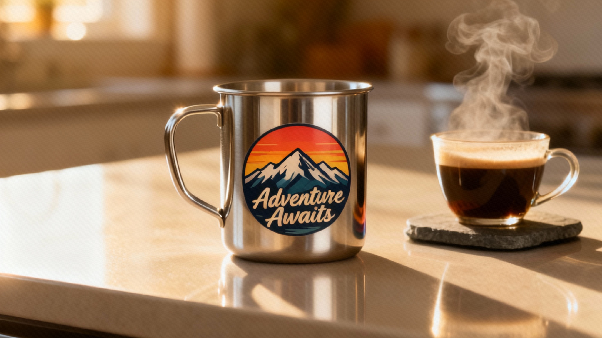 A photorealistic mockup of a custom-designed stainless steel mug on a modern kitchen counter. The mug features a circular design of a mountain range at sunset with the words 'Adventure Awaits'.
