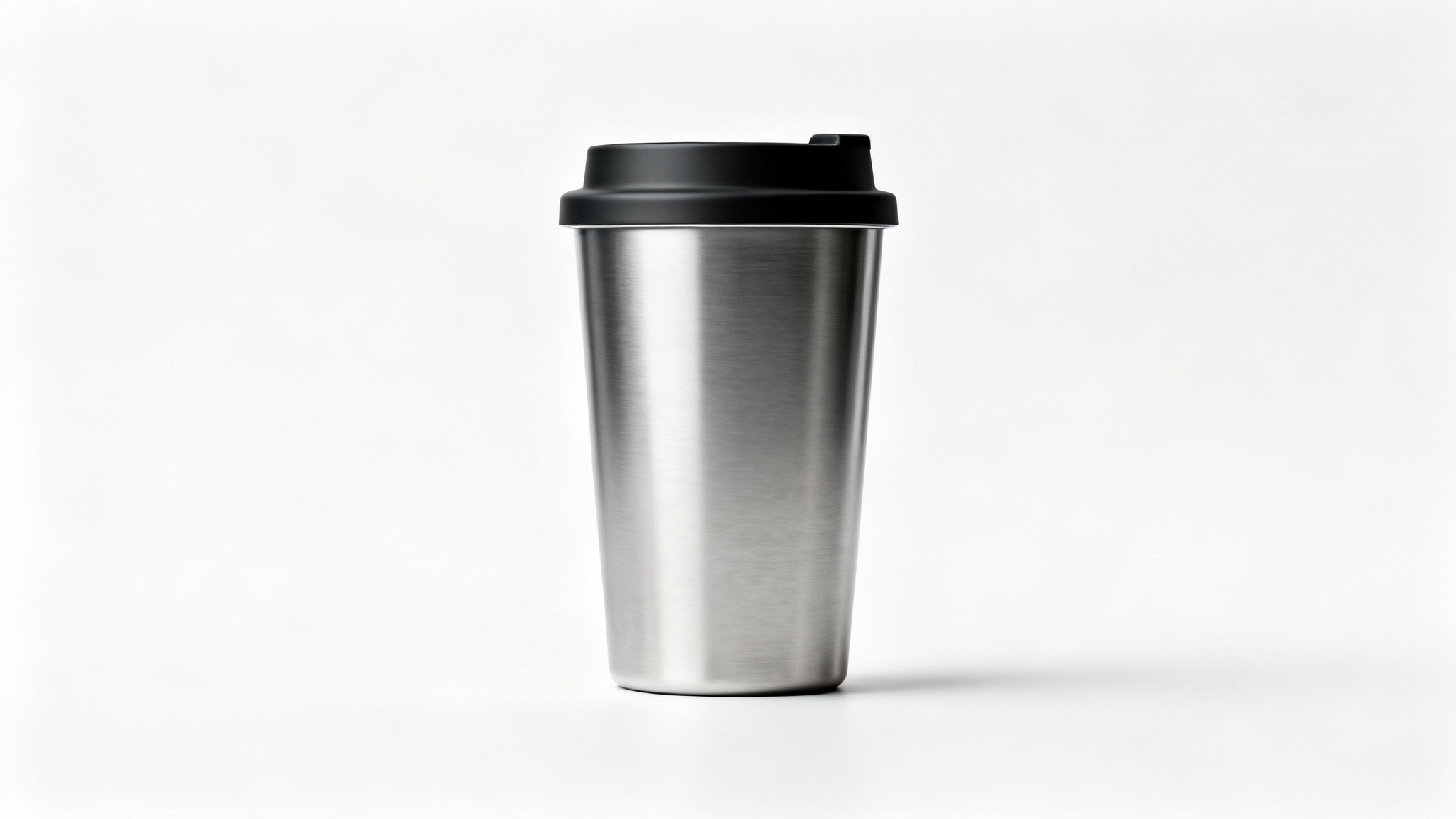 A sleek stainless steel travel mug with a black lid, shown in a professional product photograph against a clean white background.
