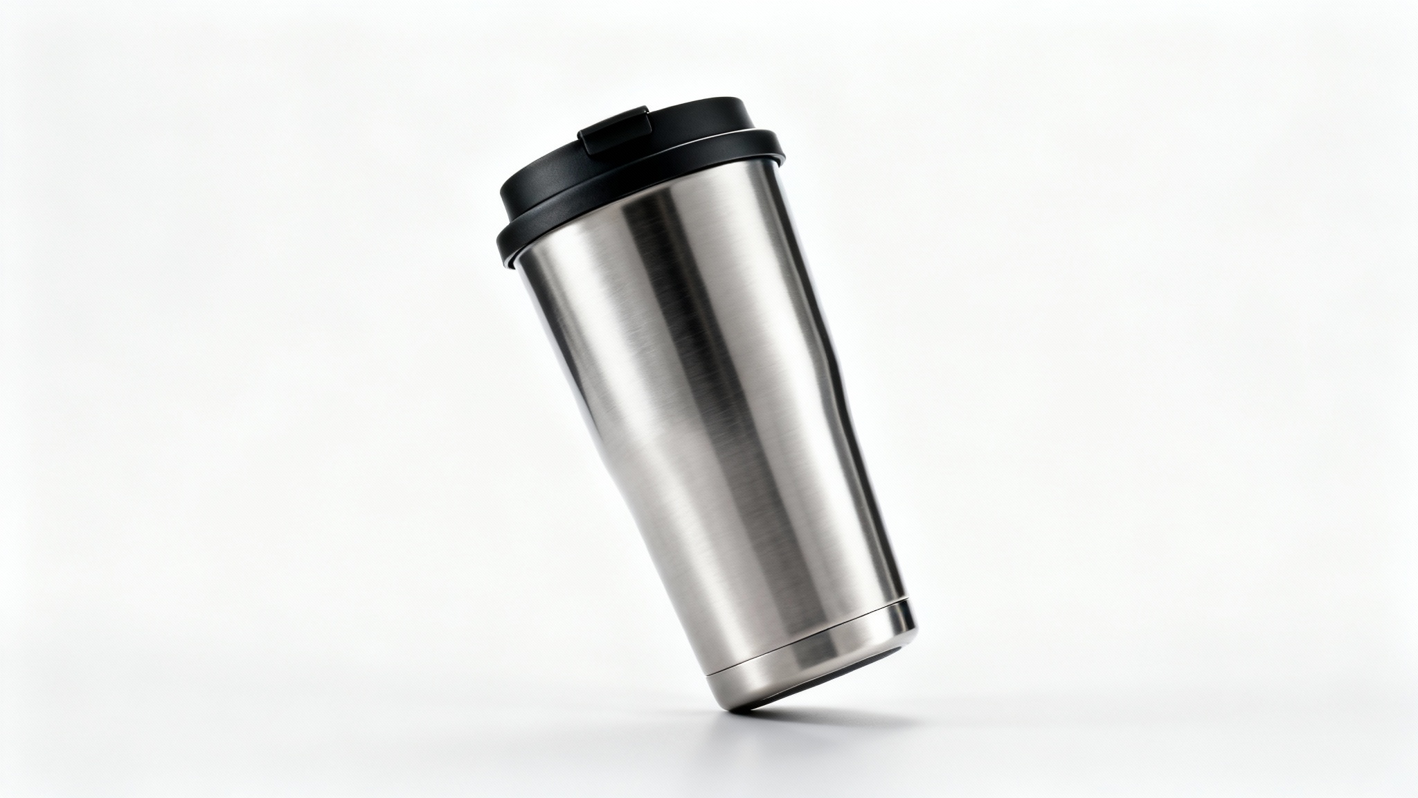 A photorealistic mockup of a modern stainless steel travel mug with a brushed finish and black lid, set against a clean, white background in a studio lighting setup.