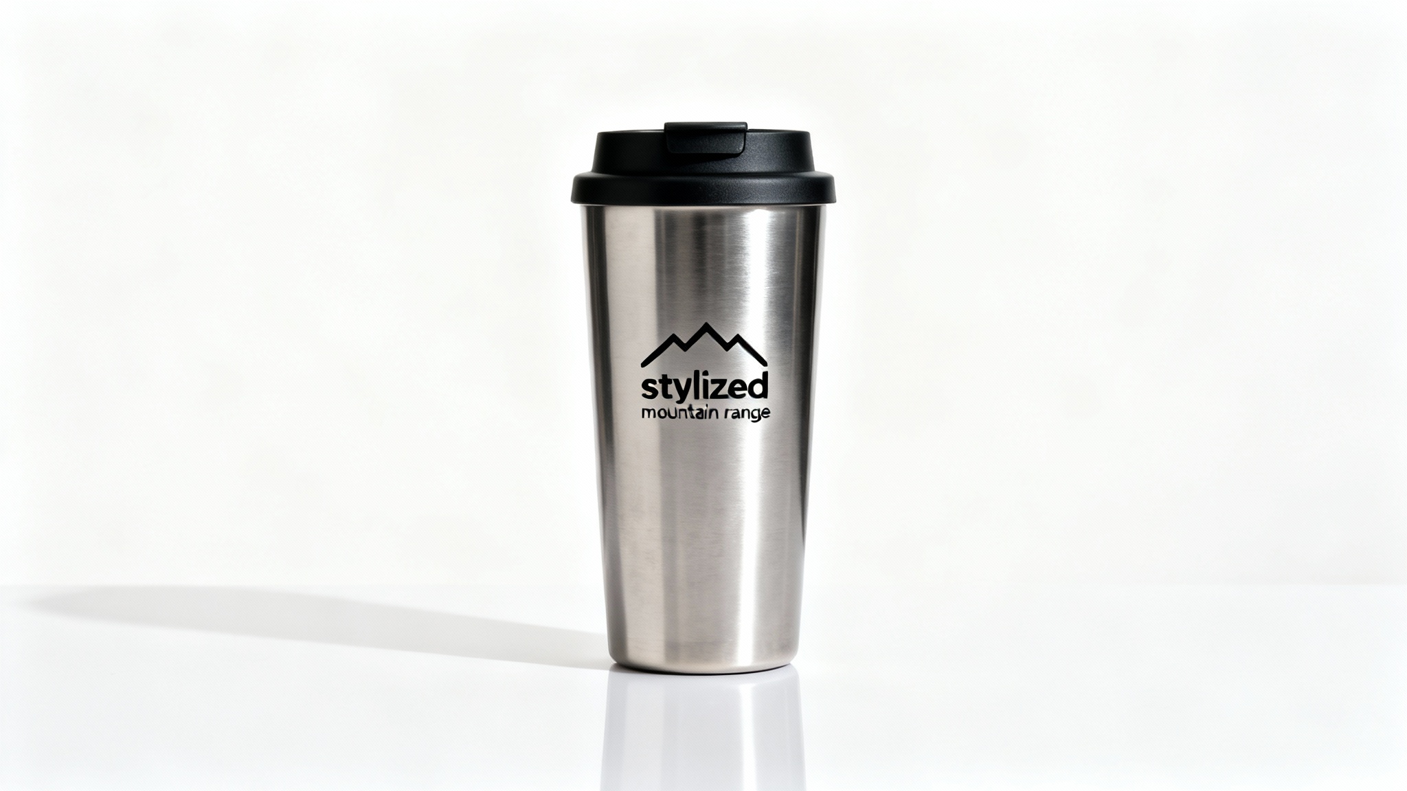 A photorealistic mockup of a modern stainless steel travel mug with a mountain logo and a black lid, set against a plain white background.