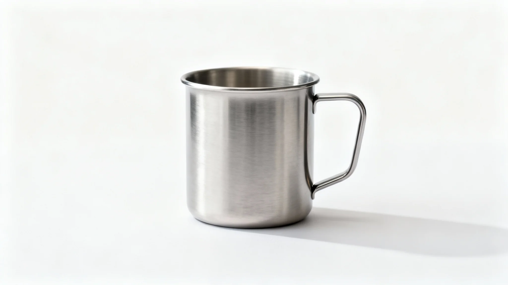 A high-quality mockup image of a modern stainless steel mug with a brushed finish, set against a plain white background.