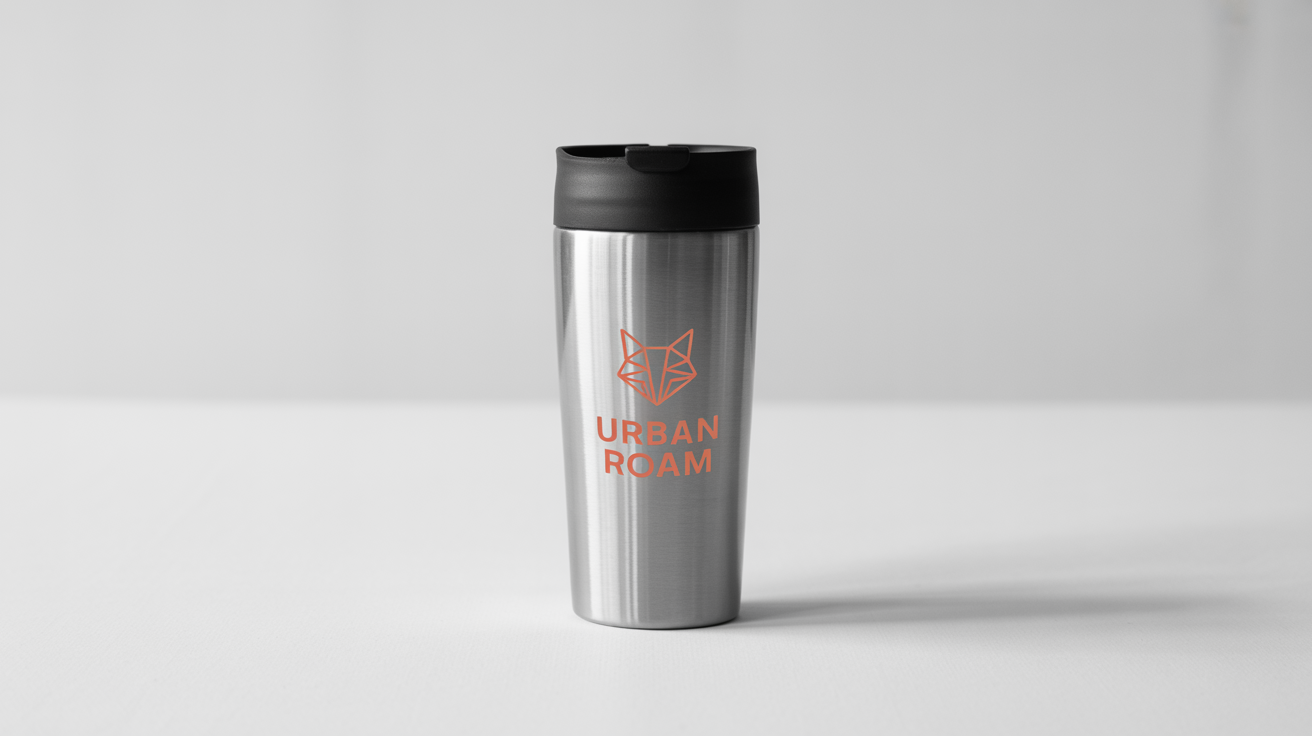 A photorealistic mockup of a modern stainless steel travel mug with a black lid, displayed on a clean white background. The mug features a logo of an orange geometric fox and the words 'Urban Roam'.