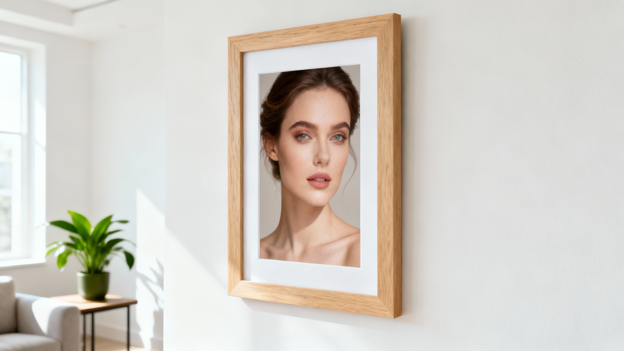 A photorealistic mockup of a vertical wooden frame hanging on a light-colored wall in a modern living room, displaying a beautiful color portrait of a woman.