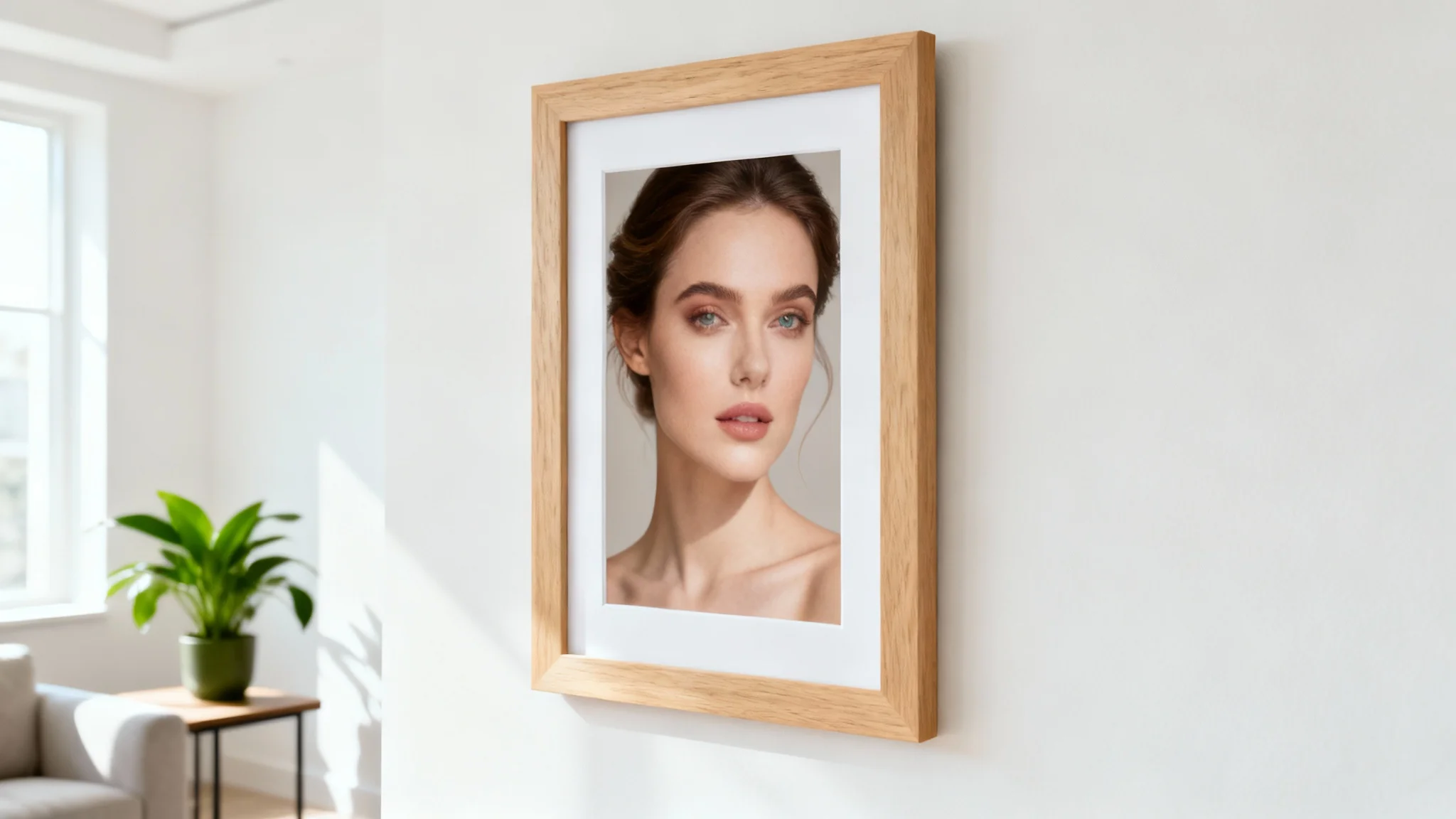 A photorealistic mockup of a vertical wooden frame hanging on a light-colored wall in a modern living room, displaying a beautiful color portrait of a woman.