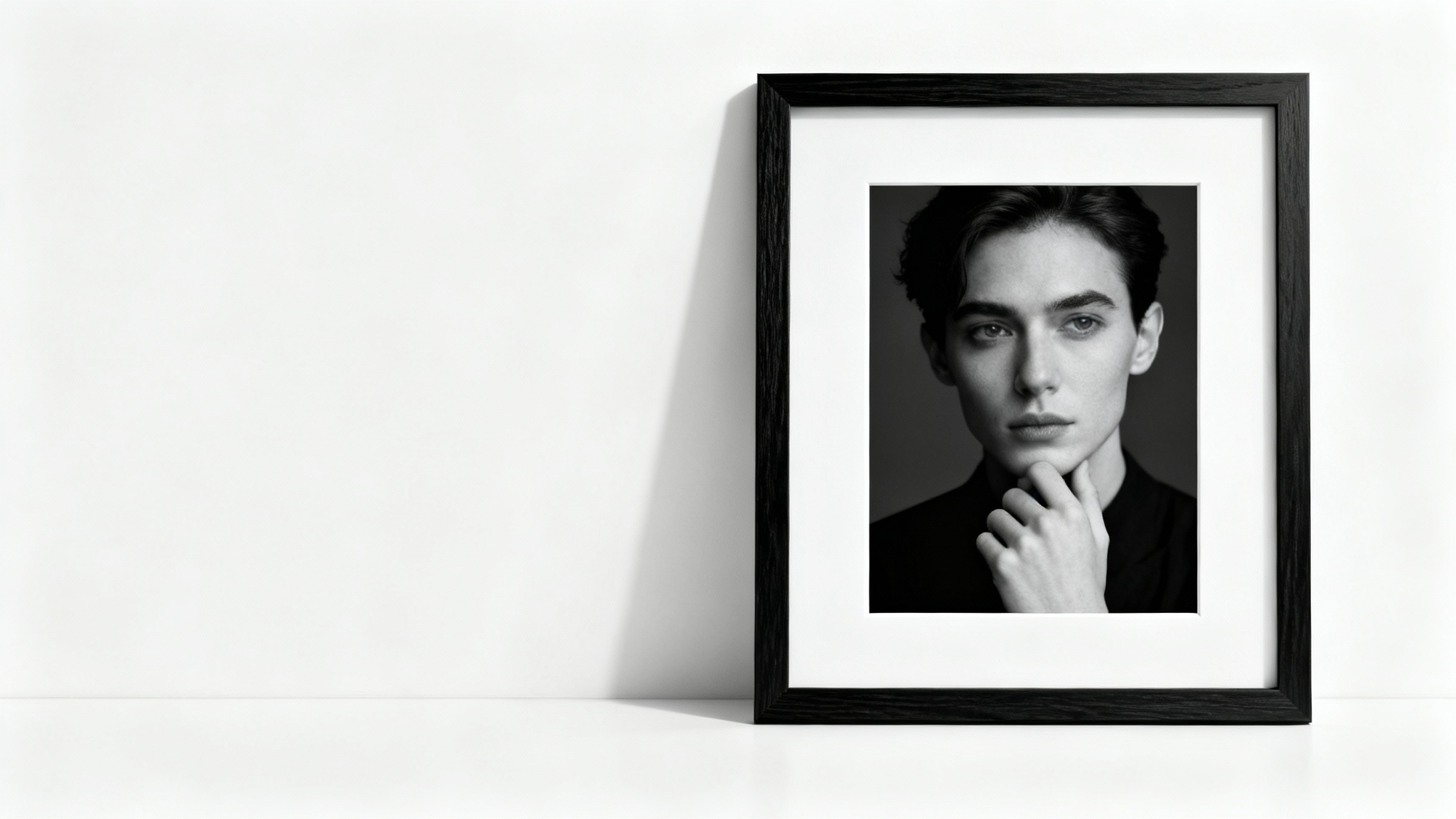 A minimalist black wooden portrait frame holding a black and white photograph, displayed against a clean white background in a studio-style shot.
