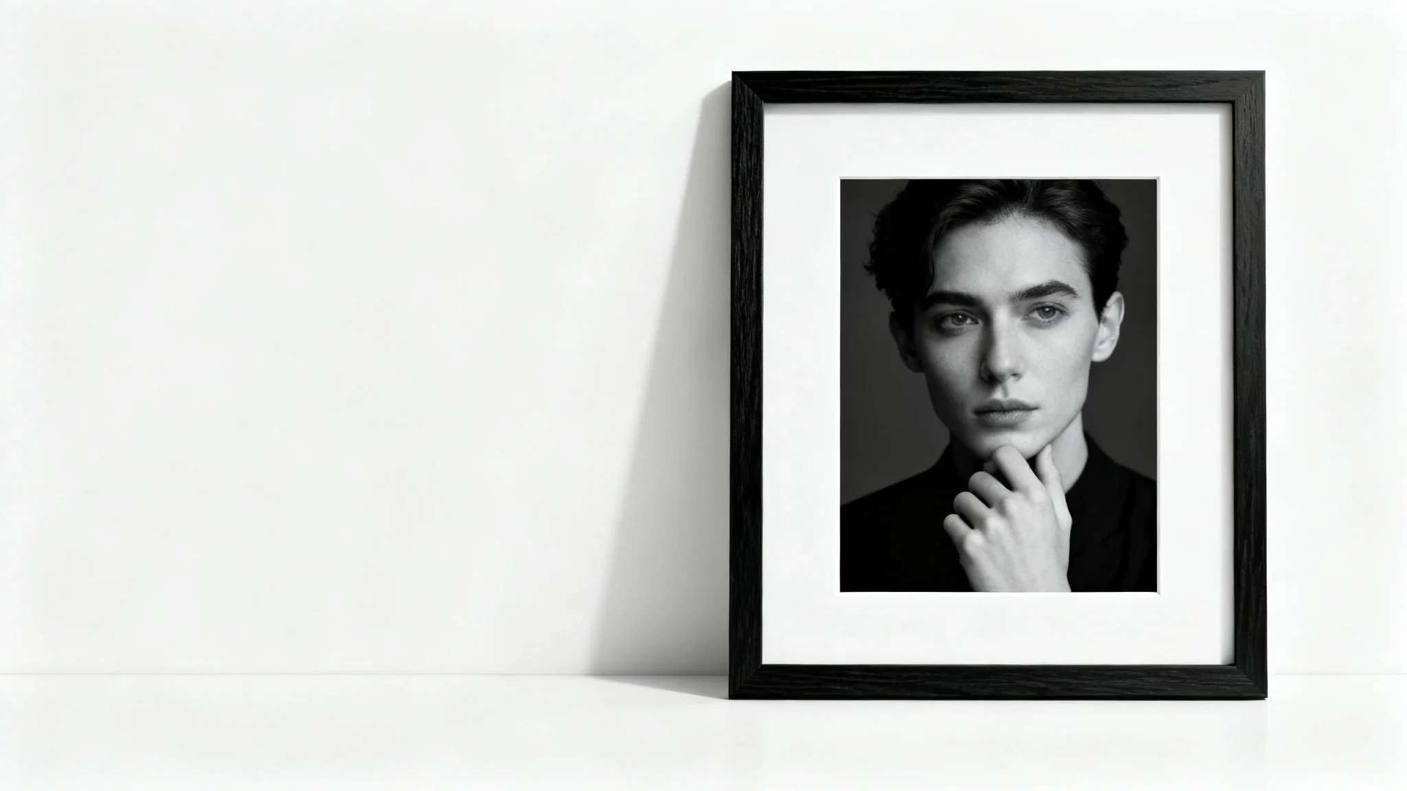 A minimalist black wooden portrait frame holding a black and white photograph, displayed against a clean white background in a studio-style shot.