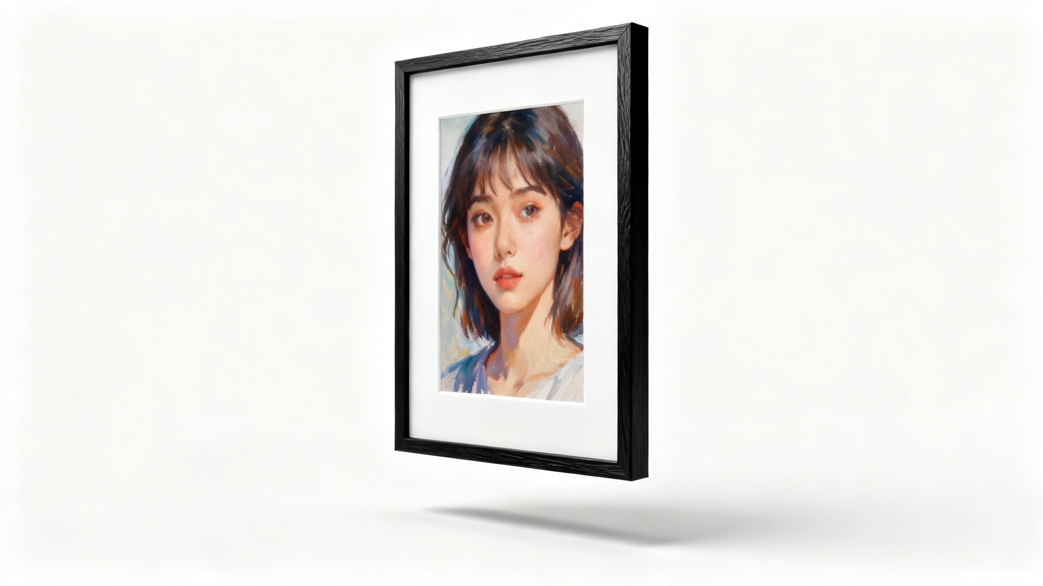 A modern black wooden frame in a vertical portrait orientation, containing an artistic photo of a woman, set against a clean white background.