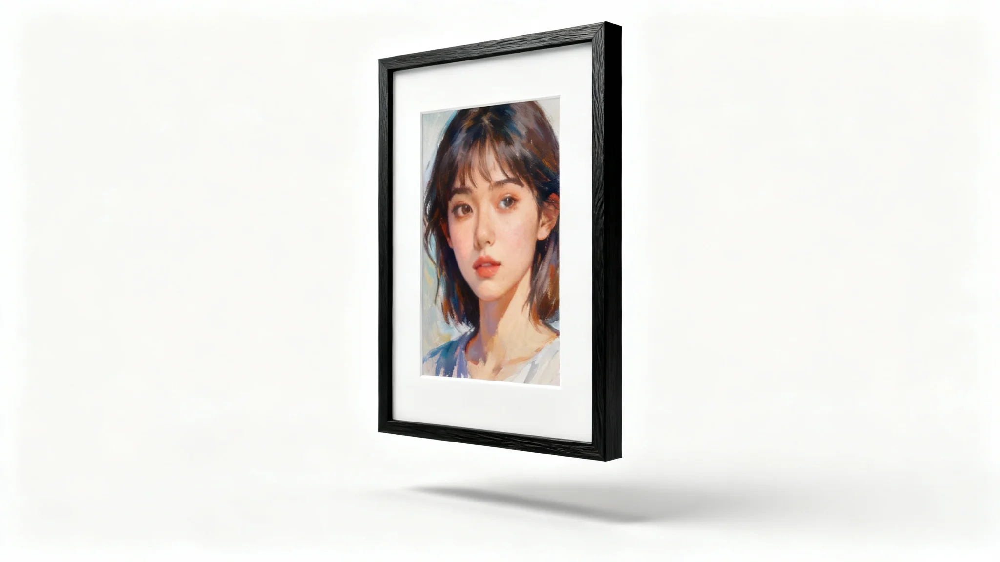 A modern black wooden frame in a vertical portrait orientation, containing an artistic photo of a woman, set against a clean white background.