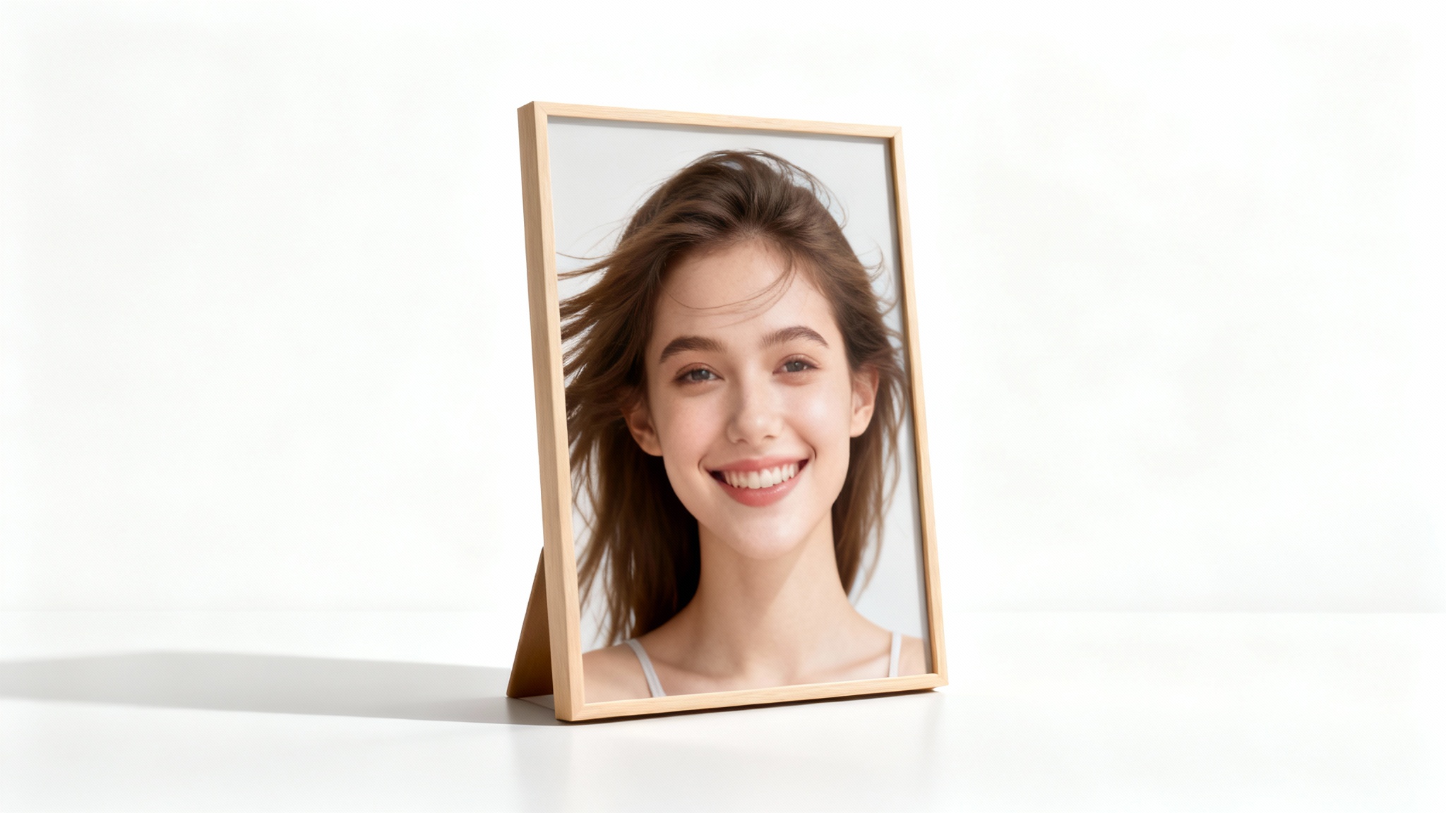 A modern, light wood portrait frame standing on a white surface, displaying a color photograph of a smiling woman.