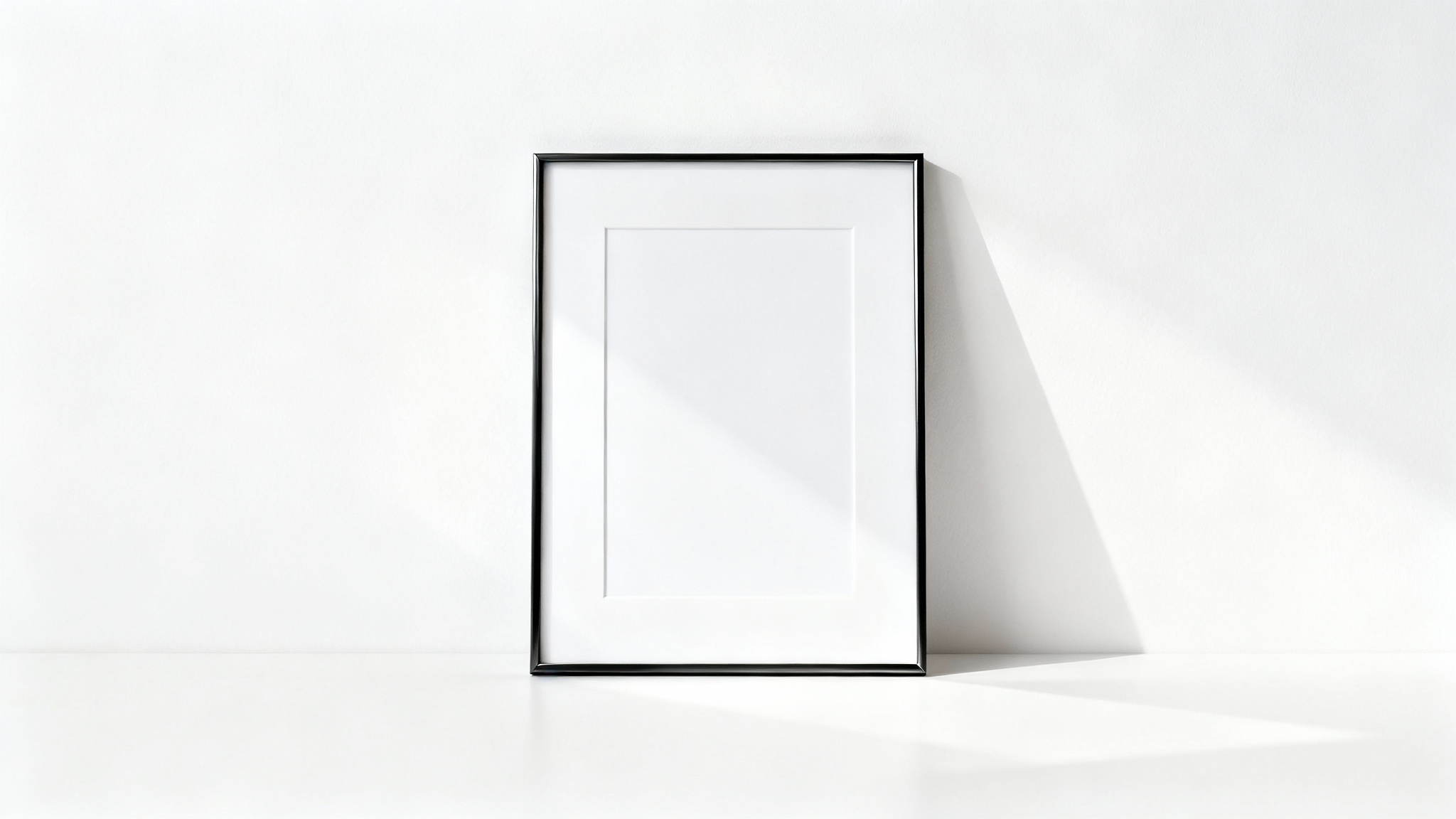 A modern, minimalist black metal portrait frame with a white mat, displayed as a mockup against a plain white background.