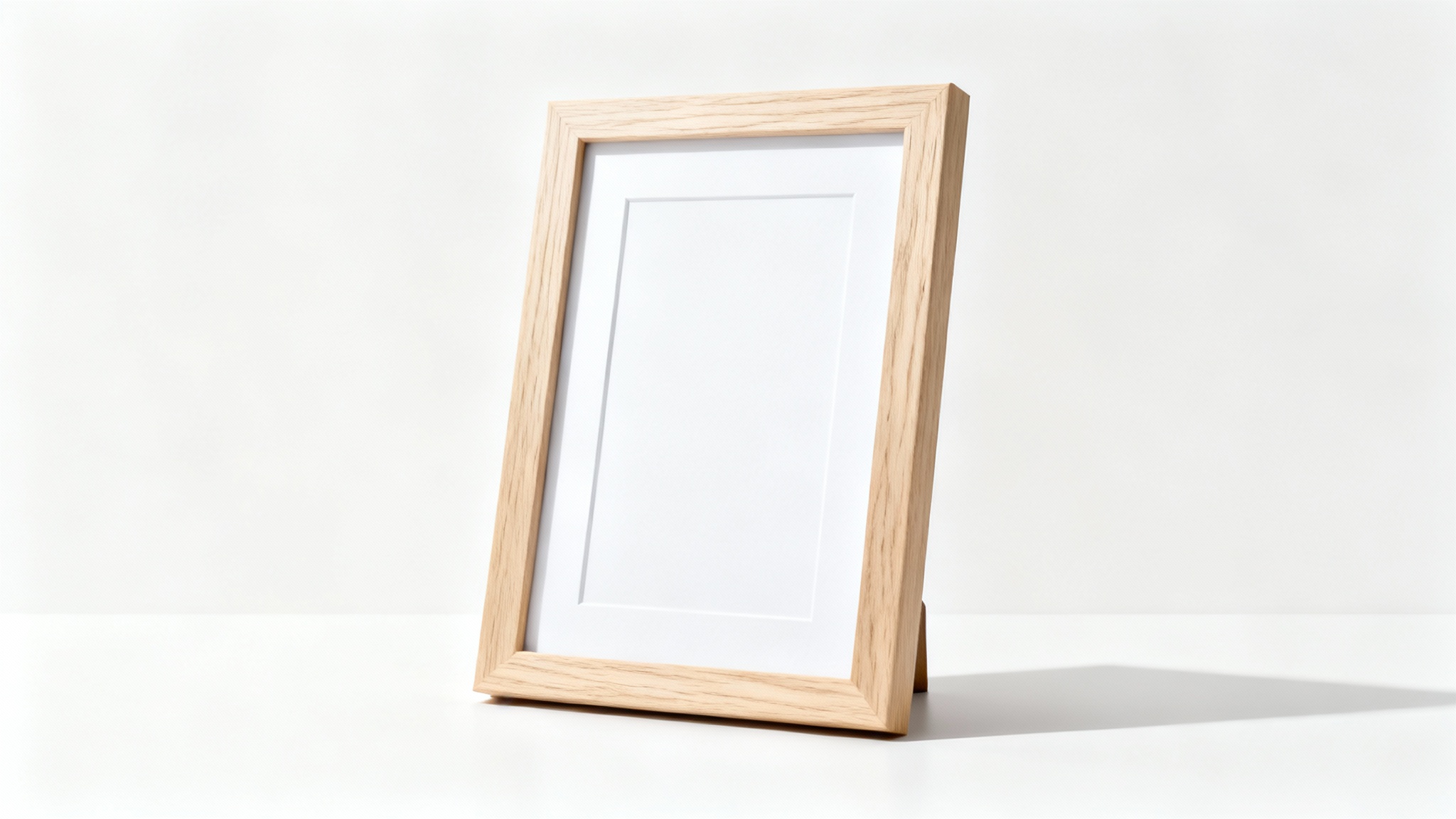 A minimalist product mockup of an empty vertical wooden portrait frame with a white mat, standing on a seamless white background.