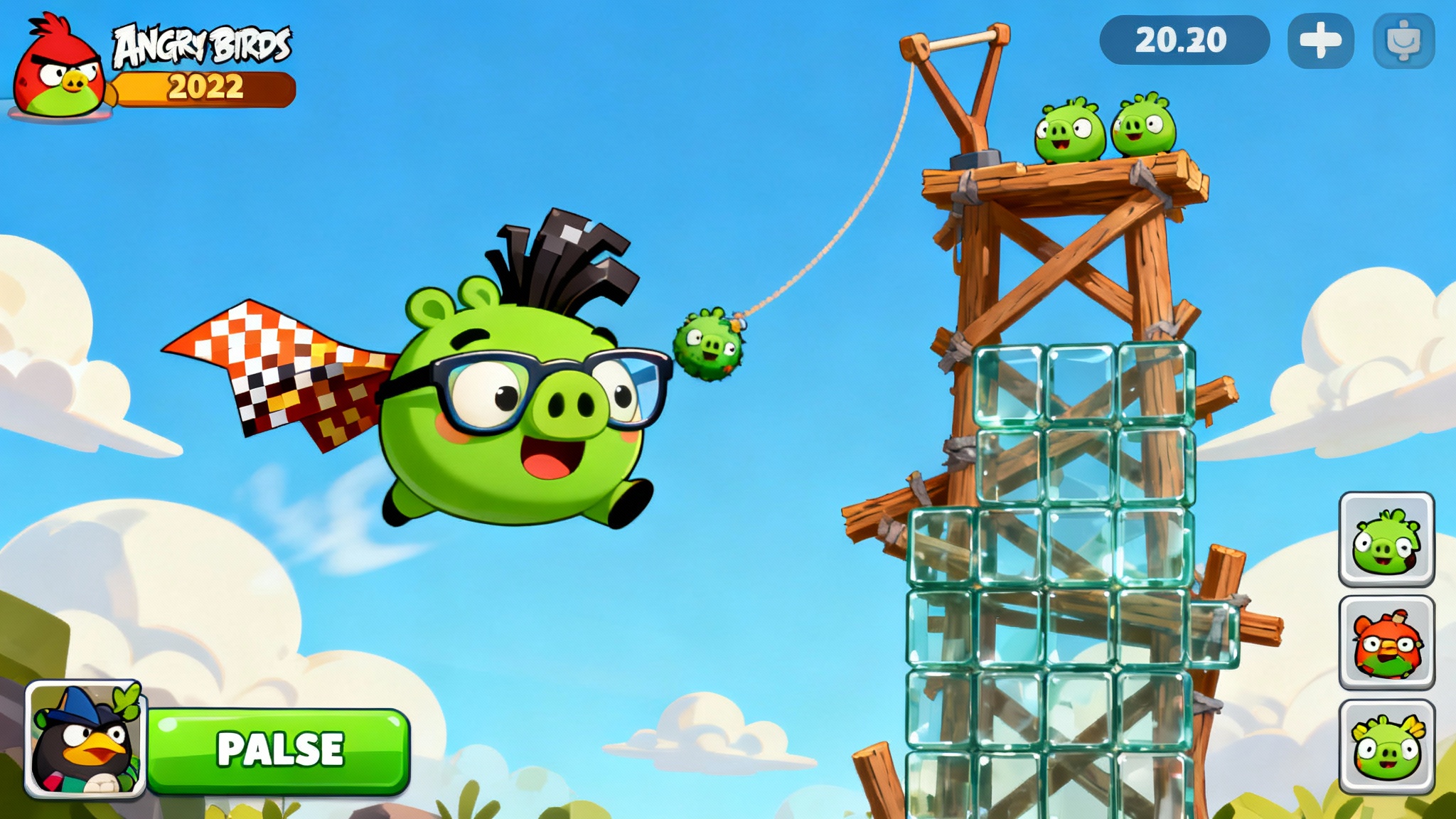A polished mockup of a mobile game similar to Angry Birds, showing a custom green pig character with glasses flying through the air towards a block tower.
