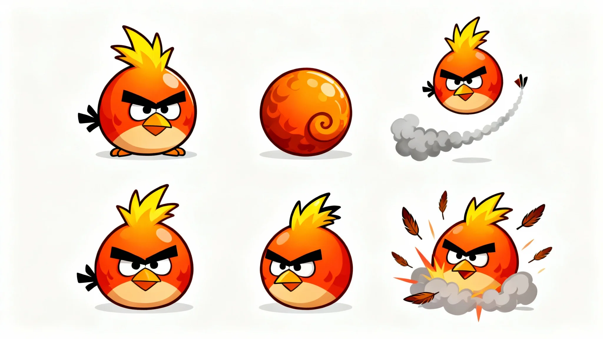 A 2D sprite sheet of a new orange cartoon bird character in the Angry Birds style, showing various game poses like standing, flying, and impact, on a clean white background.