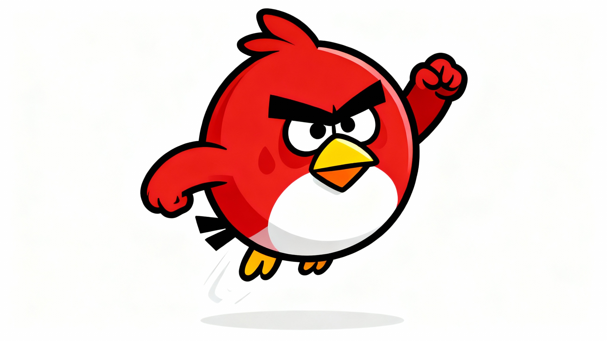 A 2D game sprite of a classic angry red bird character, depicted in mid-flight with a determined expression, isolated against a plain white background.