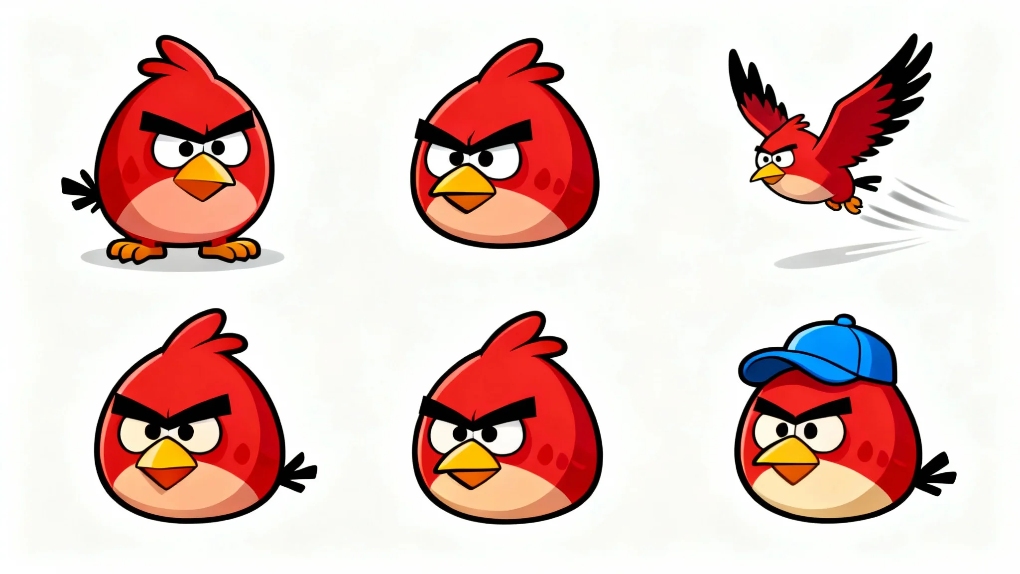 A 2D sprite sheet of the red Angry Bird character on a white background. The bird is shown in various poses and with a custom blue baseball cap, illustrating character customization.
