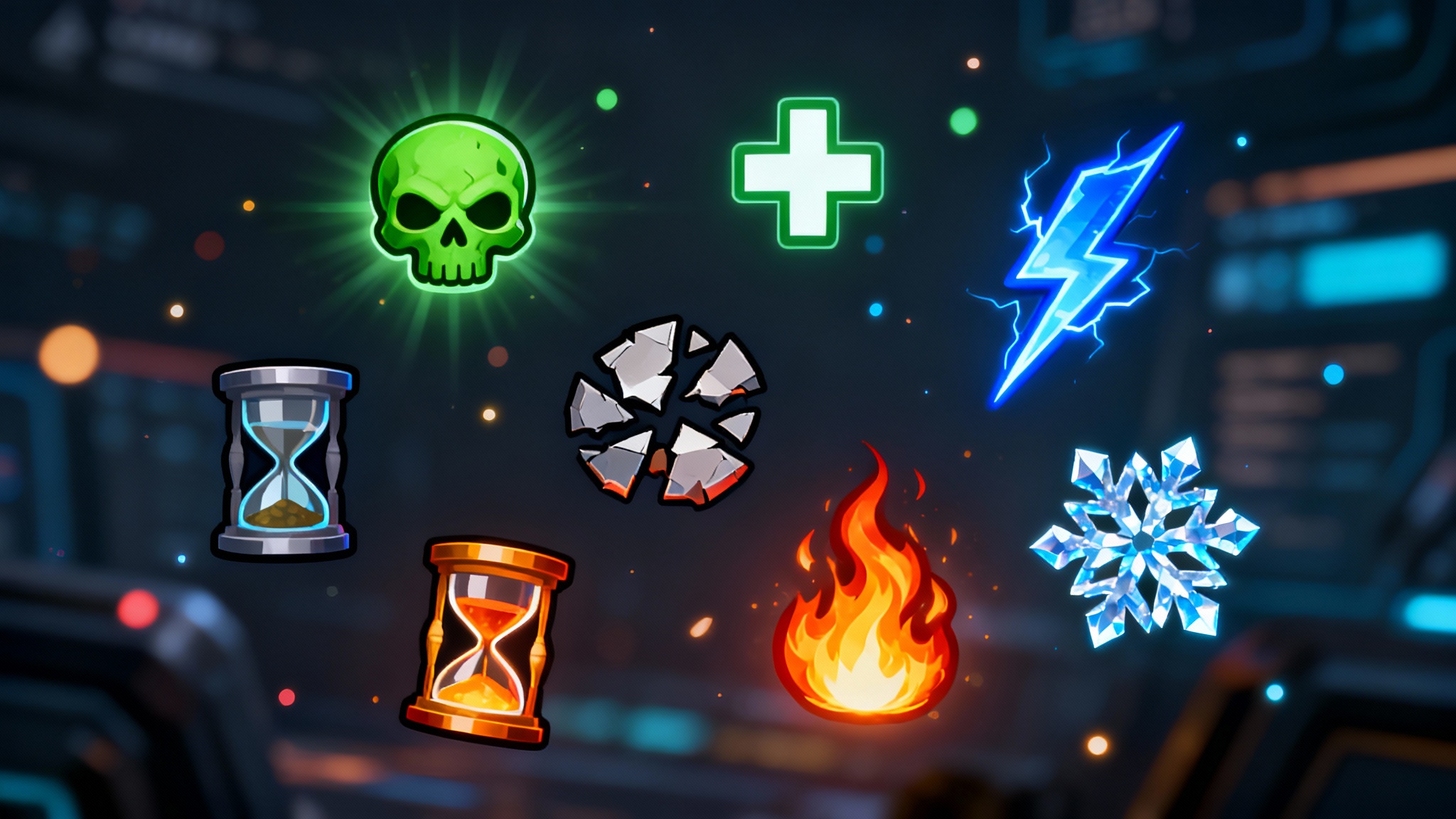 A dynamic collection of polished, glowing video game status effect icons, such as a poison skull and a speed-boost lightning bolt, floating against a dark, futuristic background.