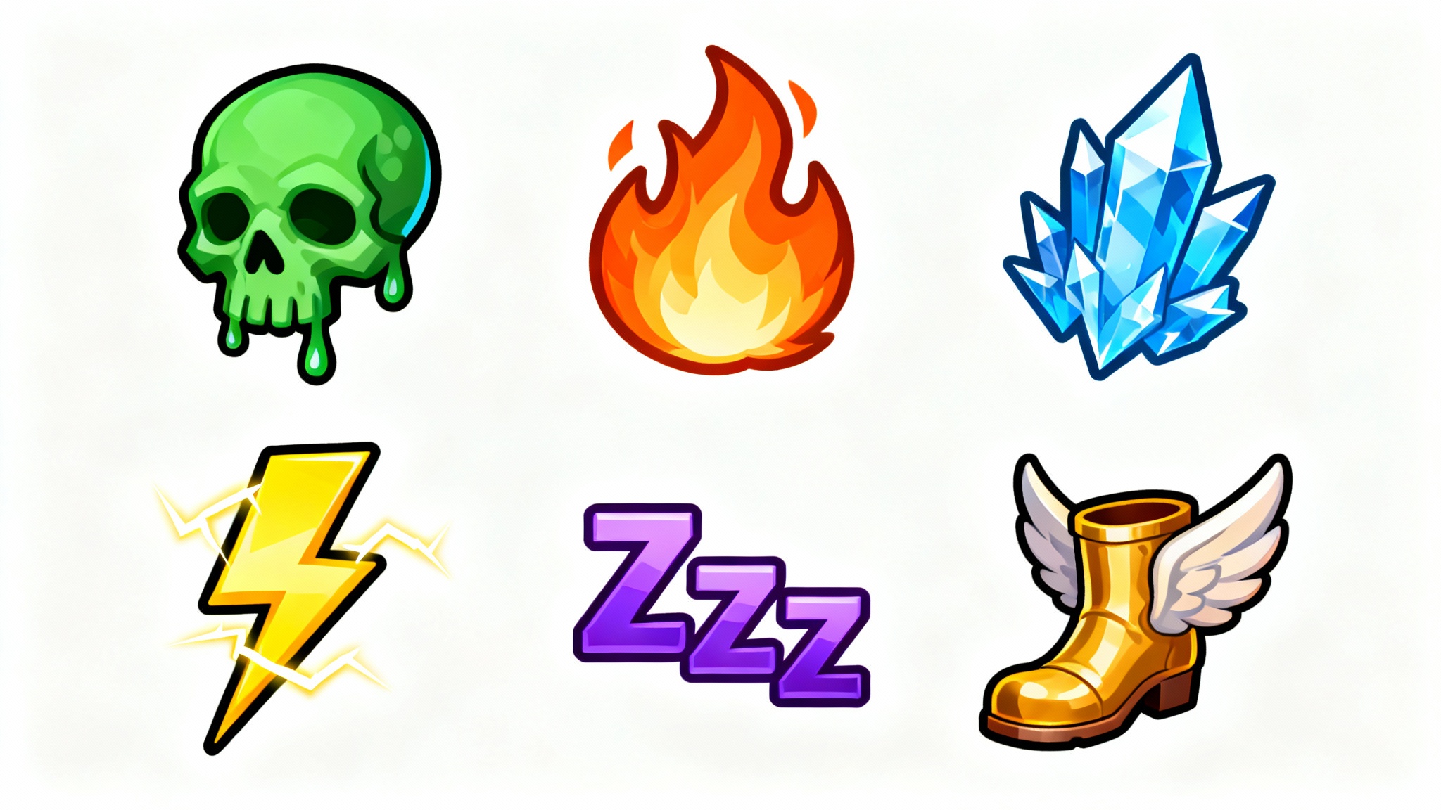 A collection of colorful video game status effect icons, including poison, fire, and ice, arranged neatly on a white background.