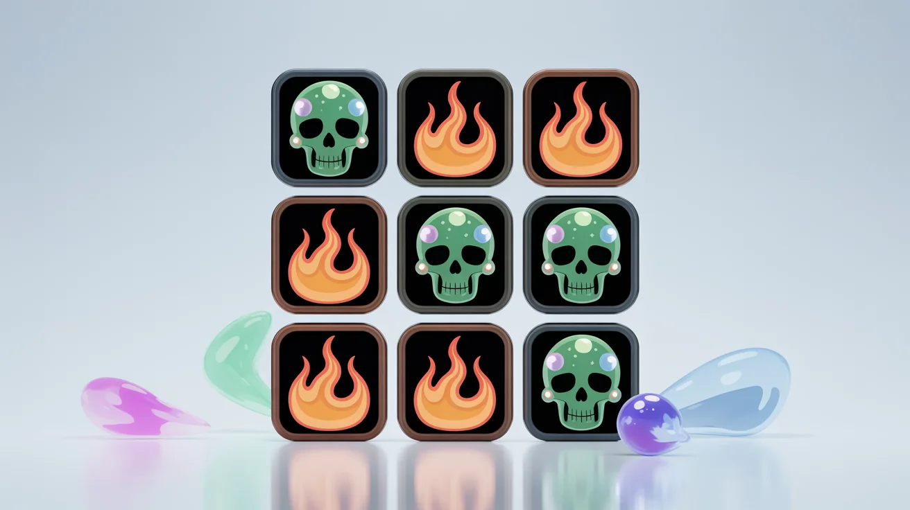 A grid of nine colorful, stylized status effect icons for a video game, including icons for poison, fire, ice, and healing, on a white background.