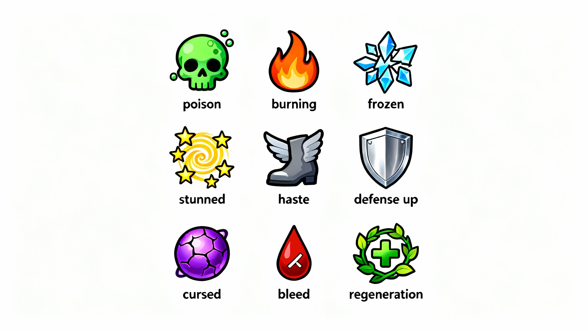 A grid of nine colorful, professionally designed status effect icons for a fantasy video game, displayed against a clean white background.