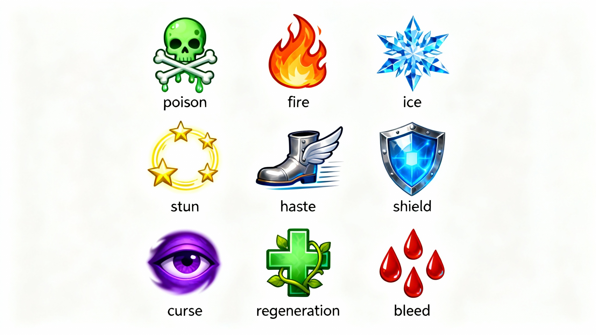 A grid of nine colorful, stylized status effect icons for a fantasy video game, set against a plain white background. The icons represent effects like poison, fire, ice, stun, haste, and shield.