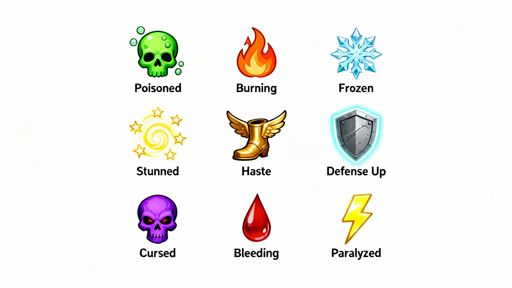 A grid of nine colorful fantasy status effect icons for a video game, displayed on a white background. Icons include poison, fire, ice, and stun.