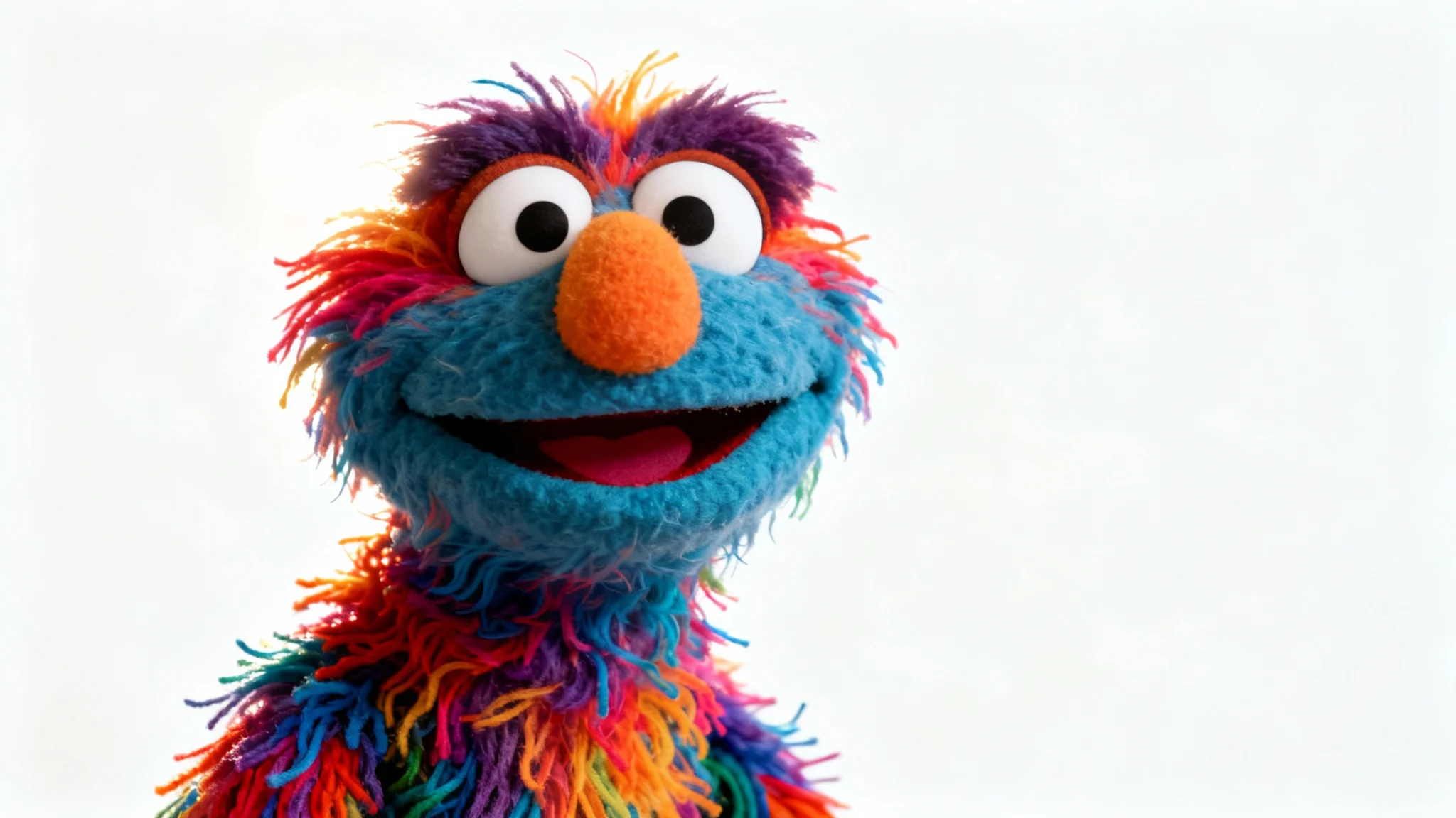 A photorealistic hero image of a colorful and friendly muppet character with shaggy fur and large eyes, set against a clean studio background.